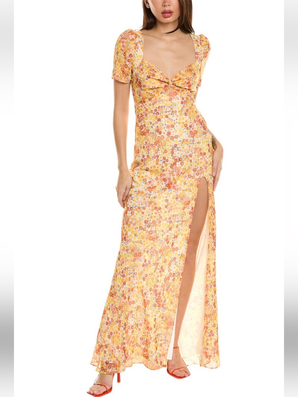 STAUD Women’s Lea Knot-Front Puff Shoulder Floral Maxi Dress NWT